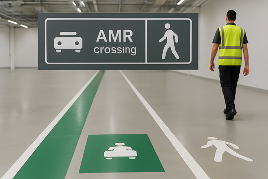 Warehouse safety sign hanging from ceiling warning of autonomous mobile robot crossing