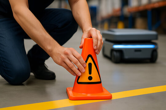 Warehouse worker placing orange safety cone next to autonomous mobile robot