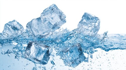 Obraz premium Clear water splashes upward as ice cubes drop into it creating a cool and refreshing scene. The motion captures the energy and beauty of water and ice in action.