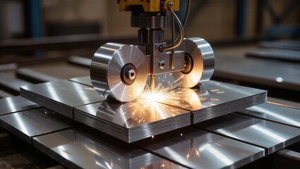 Close-up of automated metalworking with sparks cutting stacked steel sheets. Useful for illustrating metal production, sheet processing, industrial fabrication and machinery operations
