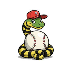 Friendly cartoon snake wears baseball cap and ball