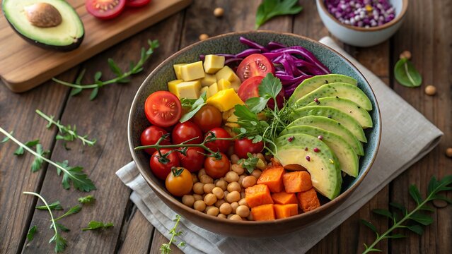 A colorful and nutritious buddha bowl featuring avocado, tomatoes, chickpeas, and red cabbage, placed on a wooden table with herbs, creating a healthy and appetizing meal