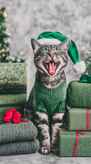 A funny cat dressed as Santa with Christmas gifts. Perfect for a festive advertising concept.