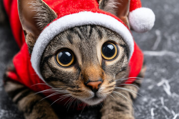Funny Cat Dressed as Santa on grey Background. Perfect for Festive Advertising Concept.