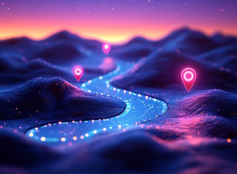 Neon blue glowing path with pink location pins through dark purple digital landscape - Powered by Adobe