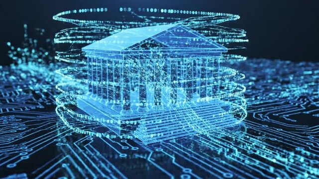 Secure digital banking concept with glowing futuristic courthouse on circuit board, representing trust and innovation in modern finance technology