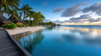 Fototapeta premium Tranquil Rainy Evening Serenity with Reflection Over Calm Water and Lush Tropical Palms in an Idyllic Coastal Location