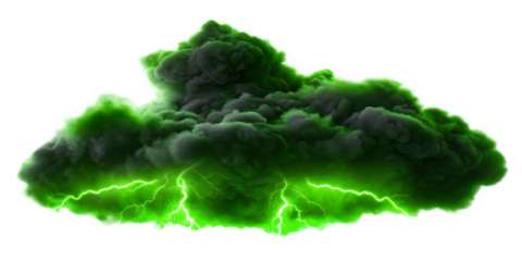 Ominous green storm cloud with lightning strikes isolated on a transparent background