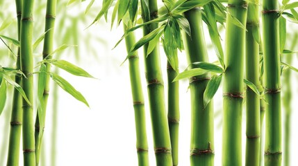 Obraz premium A row of bamboo trees with green leaves and brown stems. Concept of calm and tranquility, as the bamboo trees are often associated with nature and relaxation. The tall