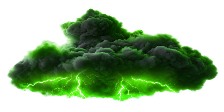 Ominous green storm cloud with lightning strikes isolated on a transparent background - Powered by Adobe