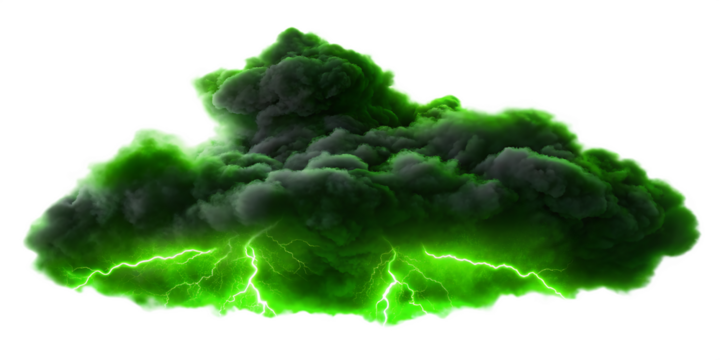 Ominous green storm cloud with lightning strikes isolated on a transparent background - Powered by Adobe