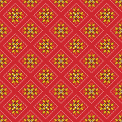 Seamless pattern of red, yellow and white flowers and geometric shapes, perfect for textiles or backgrounds.
