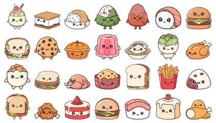 Adorable kawaii food character collection, cute cartoon meal icons vector