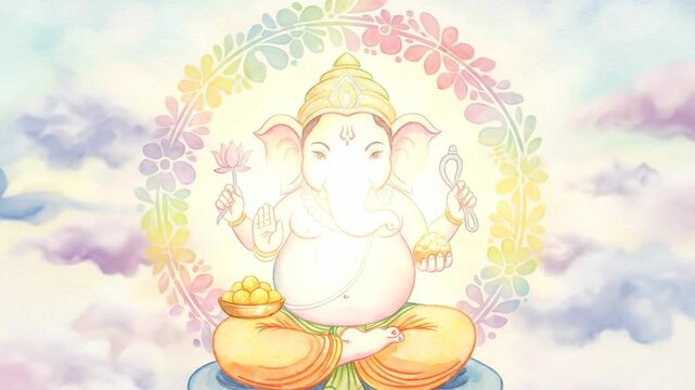 A soft watercolor illustration of Lord Ganesha, seated with a lotus and sweets, surrounded by a vibrant floral halo against a cloudy sky.