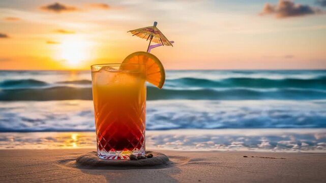 Colorful tropical cocktail with a small umbrella and orange slice on a sandy beach during sunset