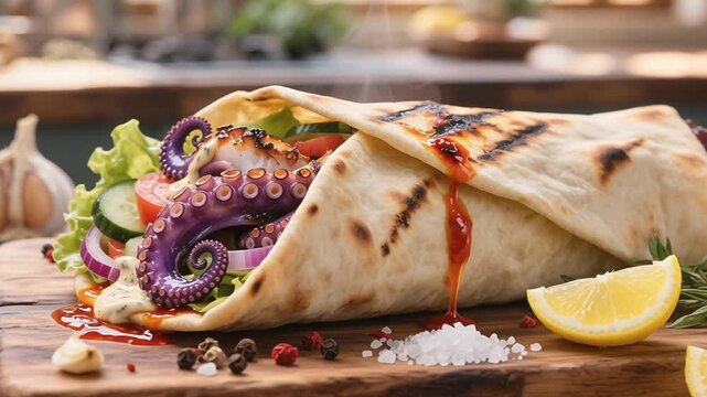 A gourmet shawarma filled with grilled octopus or squid, wrapped in toasted flatbread, showing vibrant textures and fresh ingredients in a modern food presentation.2