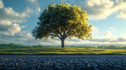 Solitary green tree on grassy hill under blue sky with clouds nature