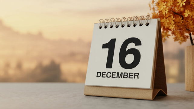  Desktop calendar showing ‘16 DECEMBER’ in bold black text on white paper, placed on gray wooden desk, patriotic Bangladesh Victory Day, national pride, remembrance, celebration, historical tribute. - Powered by Adobe