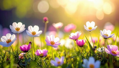A close-up view of delicate pink and white cosmos flowers blooming in a sun-drenched meadow, creating a serene and picturesque natural scene.