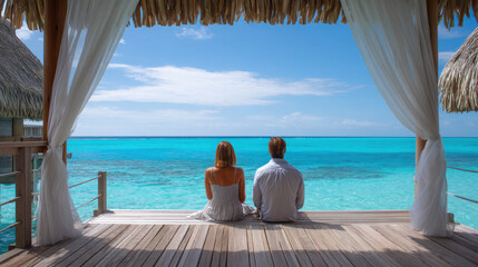 Romantic Couple Relaxing on a Private Deck Overlooking Clear Turquoise Water Under a Blue Sky with Fluffy Clouds and Tropical Vibes