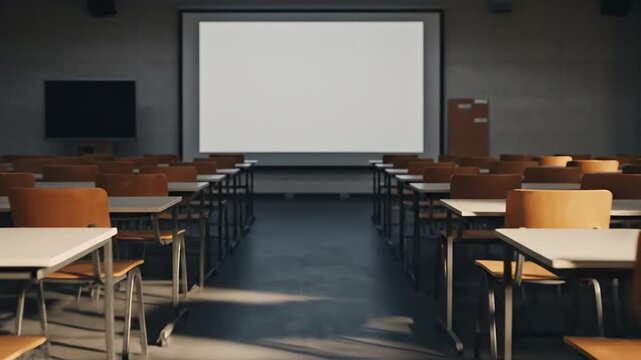 Empty classroom with rows of desks and a blank projection screen ready for education
