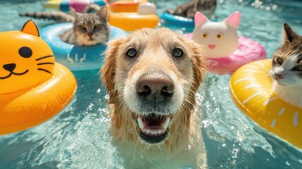 A dog is in a pool with other cats and dogs. The dog is smiling and the cats are floating on inflatable toys