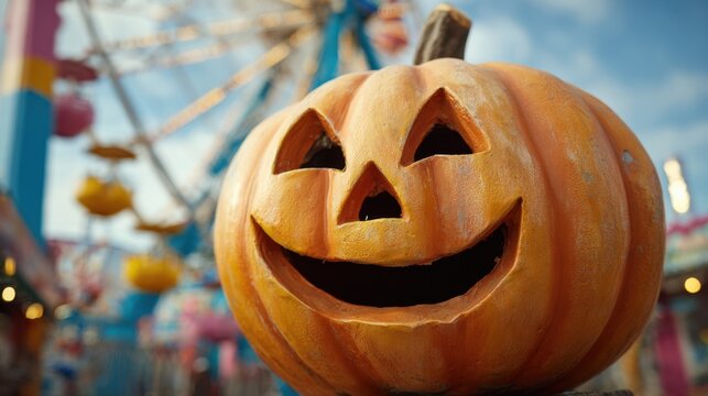 A carved pumpkin with a smiling face sits prominently at a fairground. Colorful rides and decorations create a festive atmosphere highlighting the joy of Halloween celebrations.