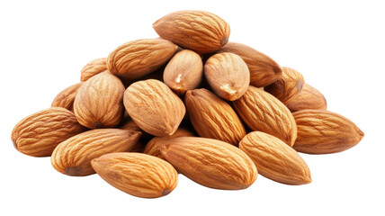Pile of almonds arranged in natural heap showing texture, freshness, and organic nut details isolated on white background