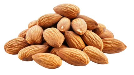 Pile of almonds arranged in natural heap showing texture, freshness, and organic nut details isolated on white background