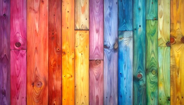 A vibrant, colorful wooden plank background with vertical rainbow hues, showcasing the natural wood grain and textures
