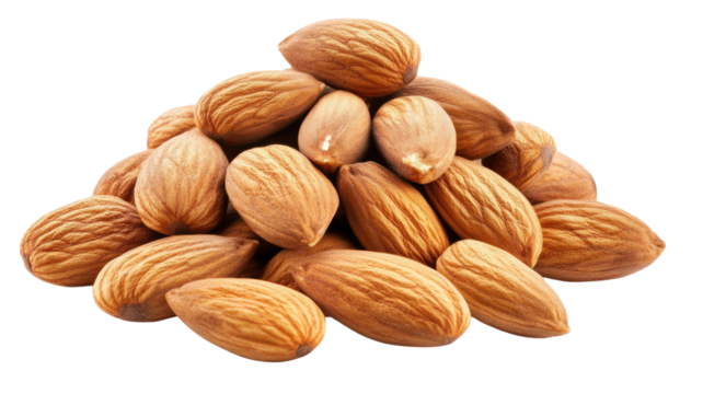 Pile of almonds arranged in natural heap showing texture, freshness, and organic nut details isolated on white background