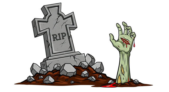 A cartoon zombie hand emerges from the grave next to a headstone in a graveyard setting illustration