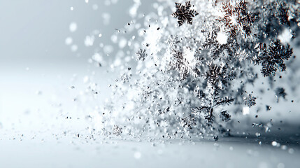 flurry of intricate silver snowflakes disperses against soft, blurred background, creating dynamic and ethereal winter scene. delicate patterns of snowflakes are highlighted by light