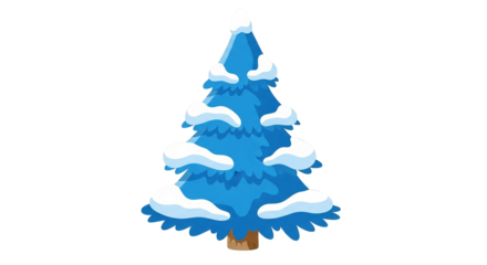 Stylized blue evergreen tree covered in fresh, fluffy white snow; a whimsical winter illustration.