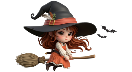Charming witch flies through the night sky on a broomstick, bats in the background, stylized art.