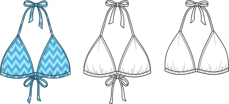 Technical fashion flat sketch template of women's halter triangle bikini top with adjustable neck and back ties, swimwear vector
