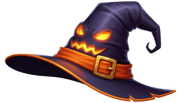 An ominous witch hat with a face radiates an eerie glow, secured by an orange buckled band.
