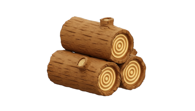 Stylized stack of three wooden logs, crafted with wood grain and circular inner patterns.