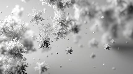 Delicate snowflakes float gracefully in serene winter scene, showcasing intricate patterns and sense of tranquility. monochrome palette enhances beauty of each unique flake