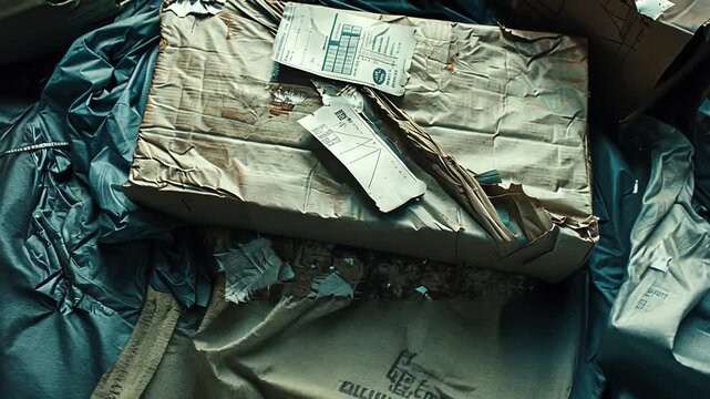 Abandoned Belongings in Storage: Close-Up View of Dusty and Discarded Boxes, Clothes, and Papers