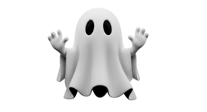 A whimsical white ghost with outstretched arms conveys a playful spooky sentiment overall. - Powered by Adobe