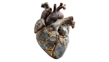 Cracked stone heart illuminated with golden light showcasing veins on a transparent field.