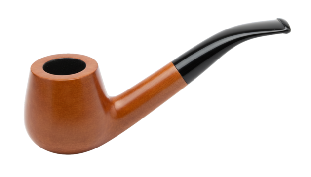 Elegant smoking pipe with a smooth, polished wood grain and dark, curved stem on transparent view