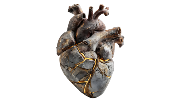 Cracked stone heart illuminated with golden light showcasing veins on a transparent field.