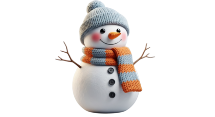 Cartoonish snowman with a knitted hat, carrot nose, and striped scarf against a neutral backdrop.