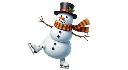 A cheerful snowman figure with a top hat and striped scarf skates, celebrating winter holidays.