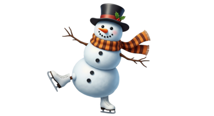 A cheerful snowman figure with a top hat and striped scarf skates, celebrating winter holidays.