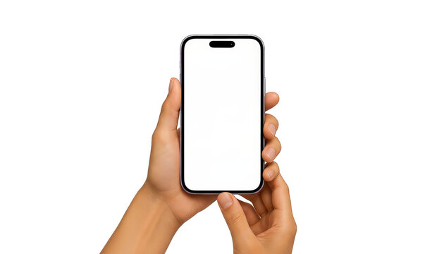 A hand holds a modern smartphone with a blank white screen, displayed in portrait orientation.
