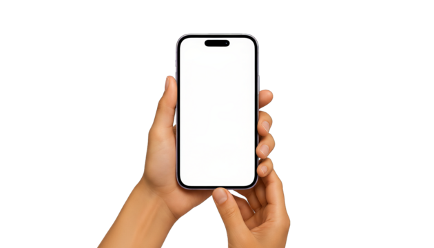 A hand holds a modern smartphone with a blank white screen, displayed in portrait orientation.