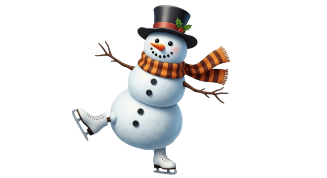 A cheerful snowman figure with a top hat and striped scarf skates, celebrating winter holidays.